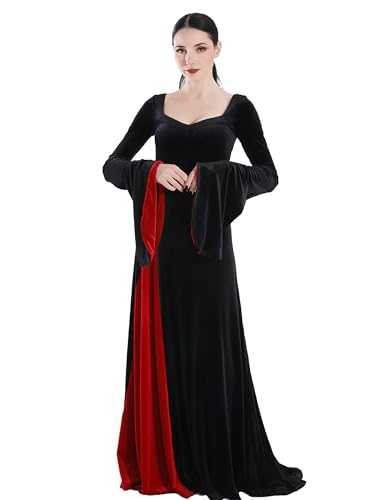 QRT Morticia Addams Costume, Women Velvet Maxi Dress,Vintage Gothic Witch Long Dress Halloween Family Cosplay Cocktail Party2