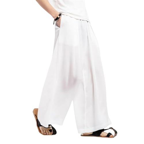 Men's Summer Traditional Loose Straight Versatile Thin Casual Flared Cropped Culottes Chinese Style Long Pants