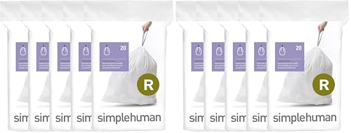 Image of simplehuman Code R,Dispenser Pack Custom Fit Liners,Drawstring Trash Bags,10 Liter / 2.6 Gallon,White,100 Count (Pack of 2)