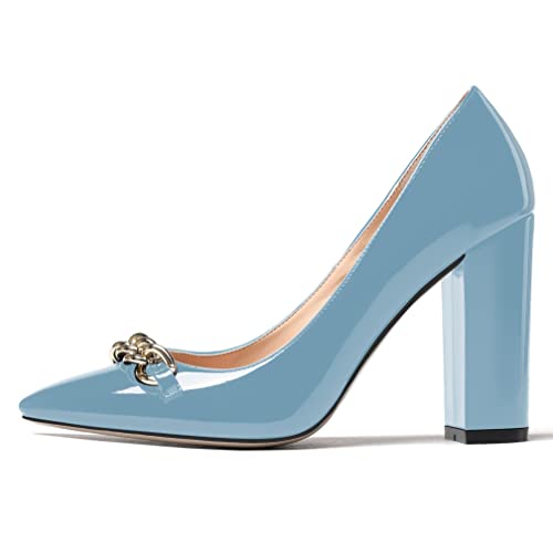 WAYDERNS Women's Pointed Toe Slip On Patent Metal Chain Thick Block High Heel Pumps Shoes 4 Inch2