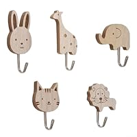 5 Animal Pattern Wooden Hooks Set Including Giraffe Elephant Lion Rabbit and Cat for Wall or Door Mounting