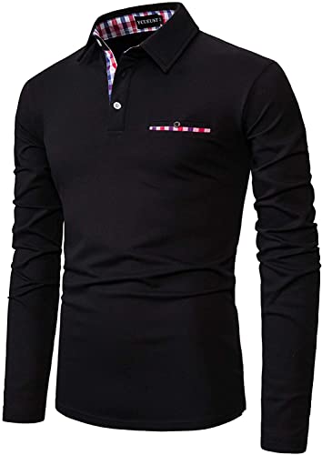 YCUEUST Coton Treillis Homme Manche Longue Polo Casual Basic Tennis Golf T-Shirt Noir XL