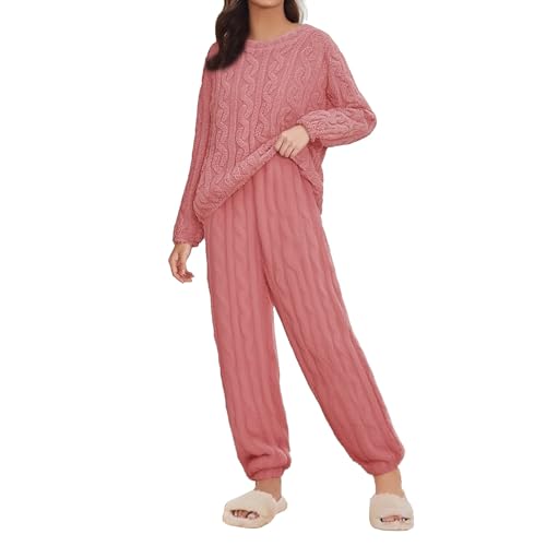Generisch Pijama largo de franela para mujer, de forro polar, para otoño e invierno, grueso, resistente al viento, de dos piezas, cuello redondo, de felpa, traje térmico, traje de ocio, Rosa., 5XL
