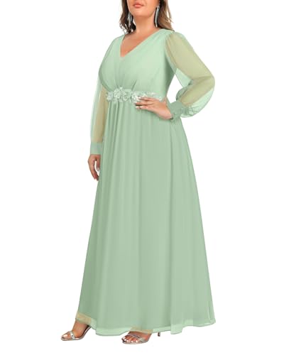 Image of Pinup Fashion Women Plus Size Formal Dresses - Long Sleeve Evening Gown Applique Chiffon Maxi Dress