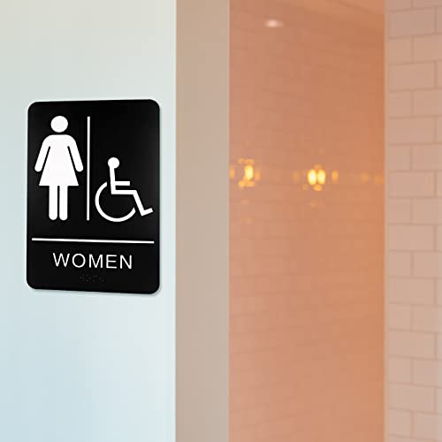 excelmark restroom sign for business - ada compliant braille bathroom sign with double sided tape to secure perfectly in less than a minute - size 9 x 6 inch men39s amp women39s handicap set