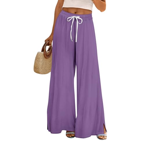 Women Summer Boho Palazzo Flowy Pants 2026 High Waist Wide Leg Floral Casual Trendy Beach Lounge Trousers with Pockets（1-Purple,XX-Large）