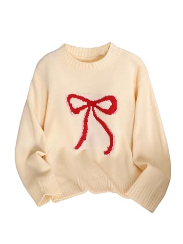 Image of BEAUDRM Girl's Bow Sweater Crew Neck Cute Sweaters Long Sleeve Knit Pullovers Sweater