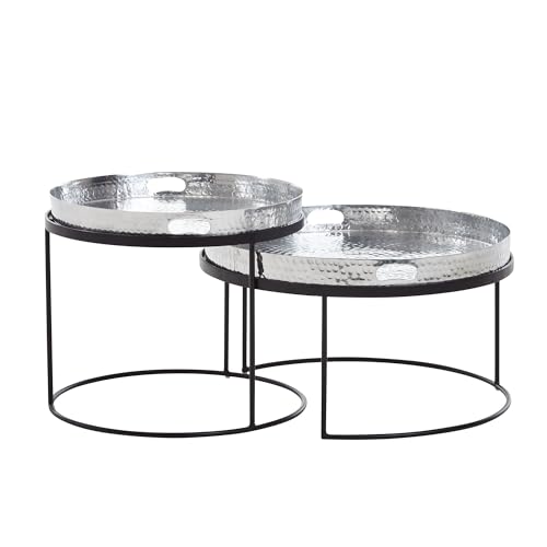 FineBuy Table Gigogne Lot de 2 Aluminium Martelée Table d'appoint Ronde Argent | Petite Table de Canapé de Salon Metal | Design Table Basse Style Orientale