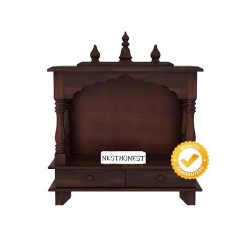 Image of Wall Mounted Solid Sheesham Wood Puja Mandir for Home Solid Wooden Temple for Puja Room with 2 Drawer Storage Pooja Ghar Wooden Furniture for Pooja Room Sheesham Wood, Walnut Finish (2 Drawers)