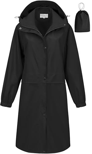CREATMO US Women's Long Waterproof Rain Coats Lightweight Rain Jacket Packable Windbreaker with Removable Hood