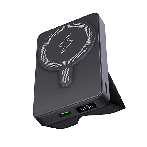 Sitong Magnetic Wireless Power Bank with Foldable Stand Compatible with MagSafe, 10000mAh Battery Pack for iPhone 14/13 / 12 Series, Portable Charger with USB-C Cable (Black)