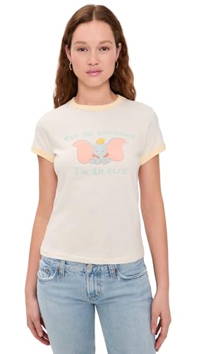 RE/DONE Womens 60S Slim Ringer TEE Dumbo Vintage White W/SHORTBREAD M