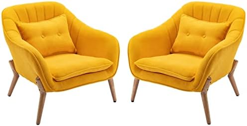 Guyou Mid Century Upholstered Armchair Accent Chair Set of 2 with Lumbar Cushion, Leisure Padded Seat Single Sofa Living Room Lounge Chair for Apartment Reception Room Bedroom, Yellow