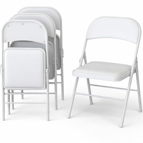 Shally Dogan Set 4 Sedie Pieghevoli con Struttura in Metallo e Seduta in Ecopelle Ergonomica ed Imbottita, Sedia Multiuso da Esterno ed Interno, Ideale per Bar, Ristoranti, Casa, Giardino (Bianco)