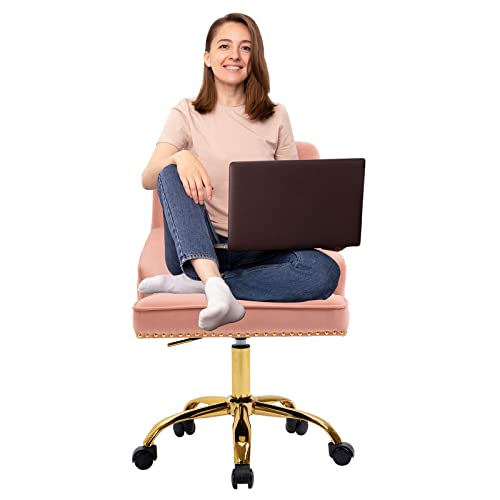 Mojay Modern Mid-Back Tufted Office Chair, Swivel Height-Adjustable Accent Home Desk Chair,Cute Velvet Soft Seat Vanity Chair With Rivet And Arm Support (Pink) #TOP6