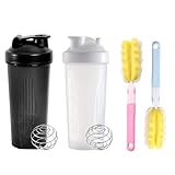 Tokaneit 2 Stück 700ml Proteinshaker Flasche, mit 2 Mixball Edelstahl + 2 Schaumstoffbürste für Fitness Eiweiß, Langlebige Sportaccessoires Trinkflasche fitness, Auslaufsicherer Deckel mit Schlaufe