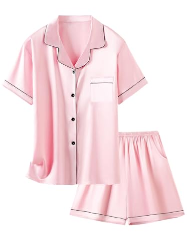 Schbbbta Silk Satin Pajamas Set for Girls Button-Up Sleepwear 2 Piece Pjs Nightwear, Candy Pink, 9-10 Years