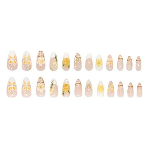 24Pcs Creamy Yellow French Press on Nails Medium Almond Fake Nails with Pearl Gold Beads Design 3D Butterfly Lily False Nails Spring Summer Glossy Full Cover Sweet Floral Stick on Nails for Women