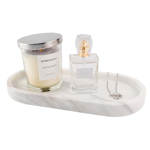 N NANSHOP Natural Marble Bathroom Vanity Tray for Non-Slip Bathroom Organizer Travertine Tray Countertop Decor for Makeup, Jewelry, Marble Coffee Table,Perfumes White (NS009)