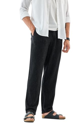 Image of SNITCH Men Casual Trousers | Relaxed Fit Pinstripe Design | Breathable Viscose Blend & Lightweight Fabric for Summer & Everyday Wear