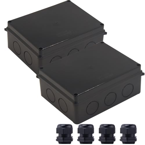 Image of Junction Box, 2Pcs Reserved Holes Electrical Boxes Waterproof IP65 ABS Plastic Electrical Power Cord Enclosure Project Box Black 7.9 x 6.1 x 3.1 inch(200x155x80mm)