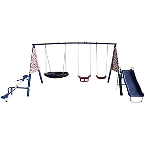 XDP Recreation Freedom Fun Metal A-Frame Kids Outdoor Swing Set 7 Child Capacity Backyard Playground Toy Set with Slide, 3 Swing Types, and See-Saw Cover