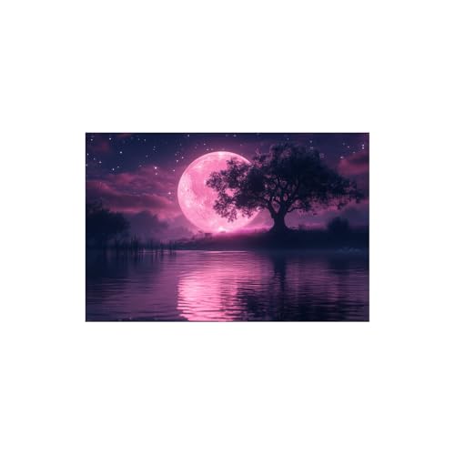 Toile lac lune rose nuit TERUEA grand format 70x100cm pour decoration murale moderne