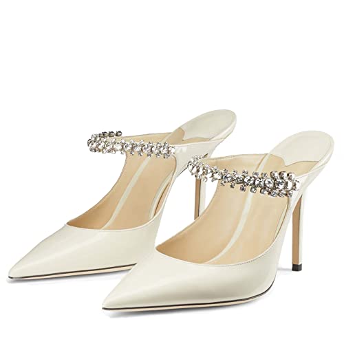 Women High Heeled Mules Crystal Embellished Strap Mules Pointed Toe Stiletto Heels Patent Leather Bridal Wedding Party Dress Shoes 5-13US