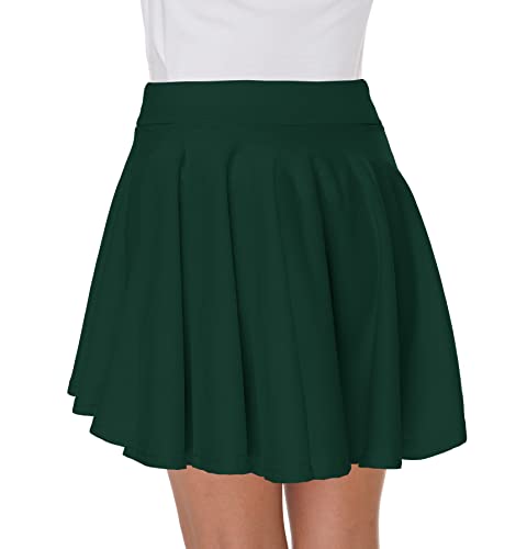 Afibi Casual Mini Stretch Waist Flared Plain Pleated Skater Skirt (X-Small, Dark Green) #TOP6