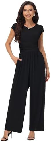 Chicingyou Womens Summer Jumpsuits Dressy Casual Crew Neck Cap Sleeve Wide Leg Pants Rompers Elegant One Piece Outfits(Black,M)