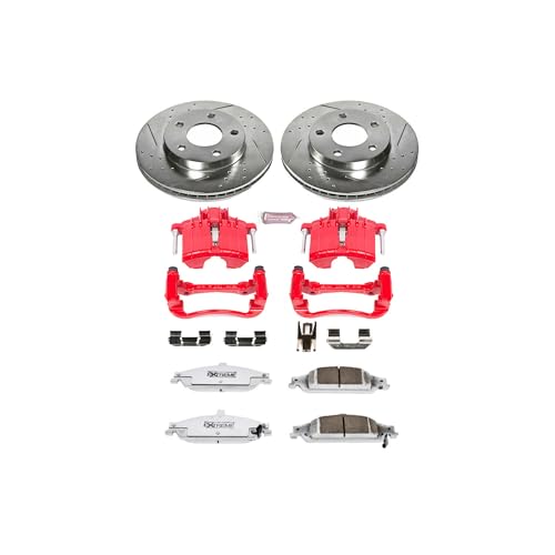 Image of PowerStop Front Brake Kit for Chevrolet Classic 2004-05 |Malibu 1997-03 - Drilled & Slotted Disc Rotors + Carbon-Fiber Ceramic Brake Pads + Red-Powder Coated Calipers, KC1551-26