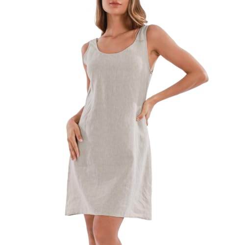 Amazhiyu Women's 100% Linen Summer Casual Sleeveless Mini Shift Tank Dresses Flax, Medium