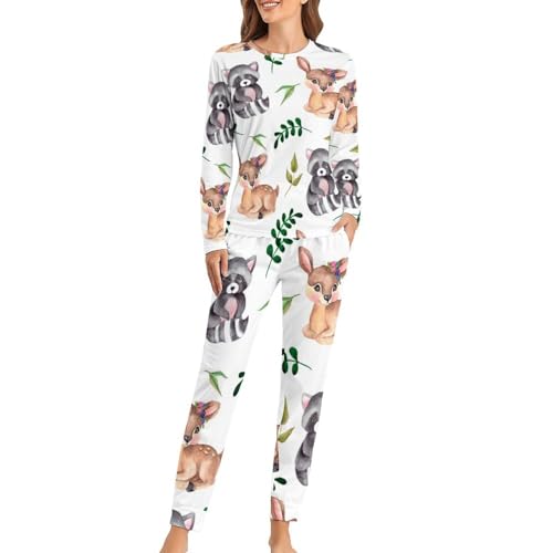 Pyjama femme anti-froid ensemble manches longues et pantalon raton laveur de cerf