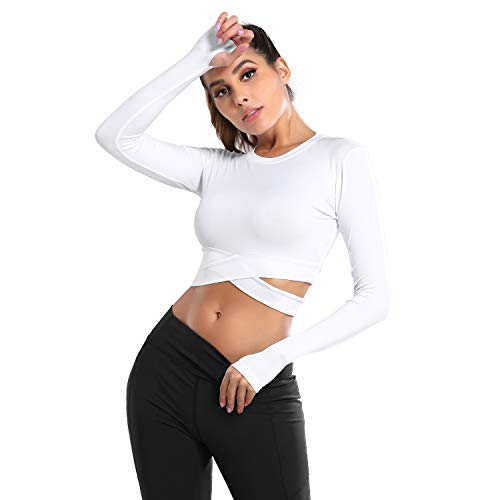 DREAM SLIM Women Long Sleeve Crop Tops Cute Sexy Tummy Cross Yoga Running Gym Shirts with Thumb Holes (White Long, M)