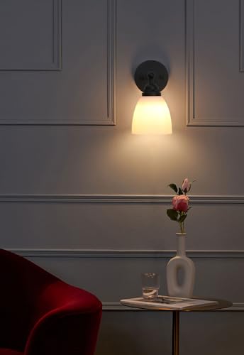 Image of Yosoan Indoor Milk Shade Reading Wall Sconce, 1-Light Modern Brass Vintage Industrial Single Lights Hardwired with White Oval Cone Glass Shade Small Lamp for Bathroom Bedside Hallway Vanity(Black)