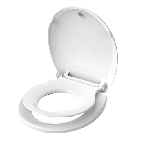 Image of Aunsffer Toddler Toilet Seat with Potty Training Seat Round 16.5inch, 2 in 1 Toilet Seat for Family Built-in Baby Seat Removable, Soft Close + Easy Clean, PP Safe Material, White