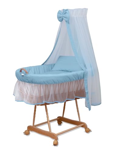 WALDIN Culla con cappotta,Culla con ruote XXL,IN 8 VARIANTI,telaio/ruote naturali non trattati,colore tessile blu