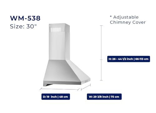 Image of Hauslane Wall Mount Range Hood 30 inch Convertible 450-860 CFM 6 Speed
