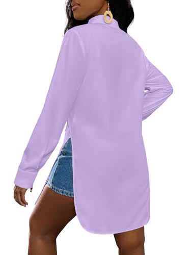 Image of LYANER Women's Collar Neck Long Sleeve Button Down Shirts Sexy Split Hem Tops Long Blouse Shirt Dress