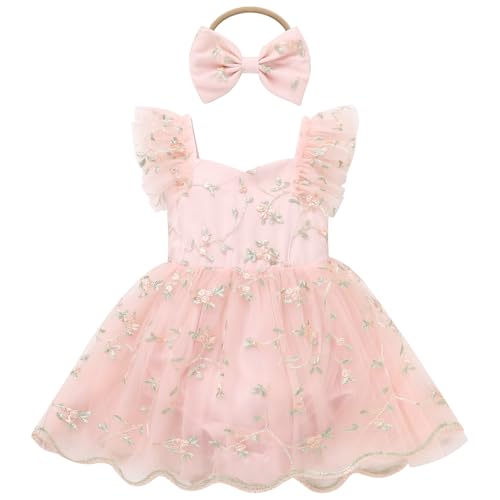 FYMNSI Infant Baby Girl 1st Birthday Outfit Floral Lace Tulle Romper Tutu Dress Headband 2PCS Bodysuit Princess Summer Clothe