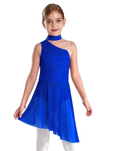 easyforever Kids Girls Sleeveless One Shoulder Lyrical Ballet Modern Dance Dress Gymnastics Leotard Dress Dancewear Blue 8 Years
