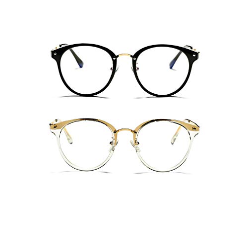 Bouryo Retro Round Blue Light Blocking Glasses Women TR90 Clear Lens Eyewear(Black+Transparent)