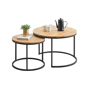 Couchtisch 2er Set, Moderne Couch Tisch mit Schwarz Metallgestell, Couchtisch Eiche, Couchtische Rund Schwarz, Living Room Table, Kaffeetisch, Wohnzimmertisch Holz 70x70x45 & 50x50x35 cm