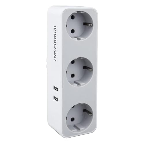 TravelHawk Ciabatta Multipresa 5-in-1 - Ciabatta Elettrica 3 AC Presa Schuko, 2 USB-A, Presa Multipla Compatibile per Casa, Ufficio, Viaggi, Adattatore Schuko