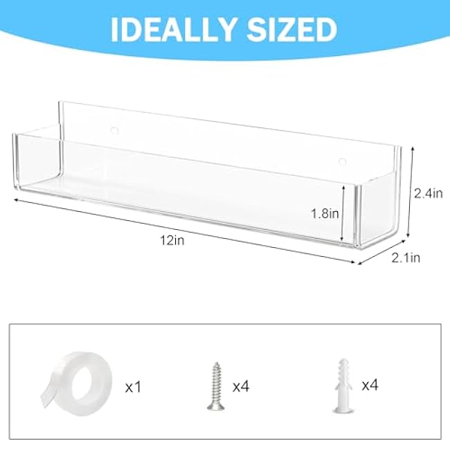 VAEHOLD Adhesive Acrylic Spice Rack with Nano Double Sided Tape Wall Mount Organizer Clear Wall Spice Rack With Shelf Ends for Kitchen Cabinet Door - 2 Pack 12¡®¡¯ Shelves