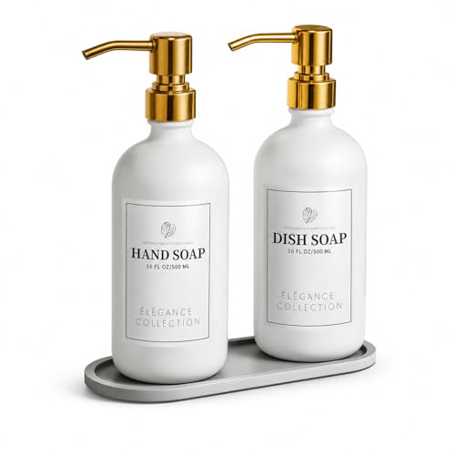 Image of Fachixy White Glass Soap Dispenser (2 Pack), 16 Fl Oz Hand & Dish Soap Dispenser Bottles Set with Leak-Resistant Stainless Steel Pump, Non-Slip Pad, 14 Waterproof Labels for Kitchen and Bathroom