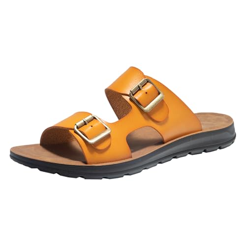 Men's Leather Slip-On Sandals Retro Two-Strap Buckle Design Anti-Slip Sole Comfortable Casual Slides for Walking Beach Indoor & Outdoor