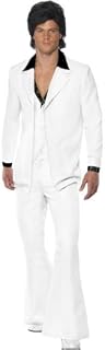 Smiffys Adult Men's 1970's Suit Costume, Jacket With Mock Shirt and Waistcoat and Trousers, 70 Disco, Serious Fun, White, Medium