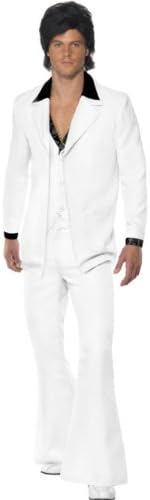 Smiffys Adult Men's 1970's Suit Costume, Jacket With Mock Shirt and Waistcoat and Trousers, 70 Disco, Serious Fun, White, Medium