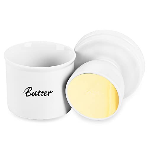 GDCZ Butter Dish With Water Line, Farmhouse Ceramics French Butter Keeper Crock With Lid, White